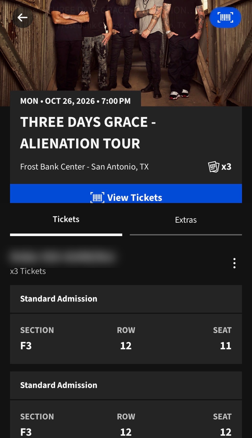 Redacted ticket purchase proof showing Section F3, Row 12, Seats 11 and 12 at Frost Bank Center